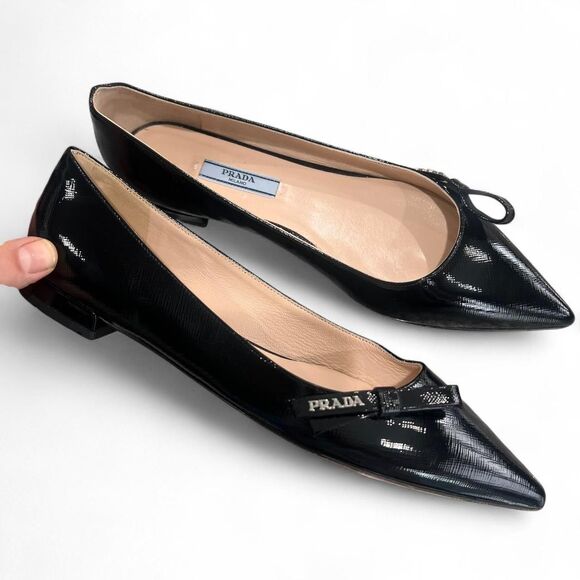 Y2K Prada Coquette Minimalist Designer Pointed Toe Bow Ballet Flats - Picture 1 of 8
